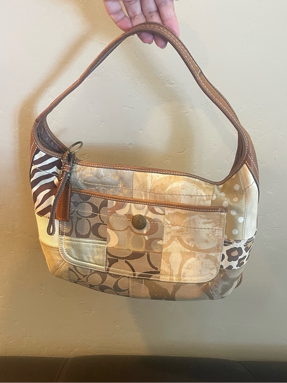 Coach Ergo Patchwork Shoulder Hobo Bag Brown Cream tan animal print y2k leopard